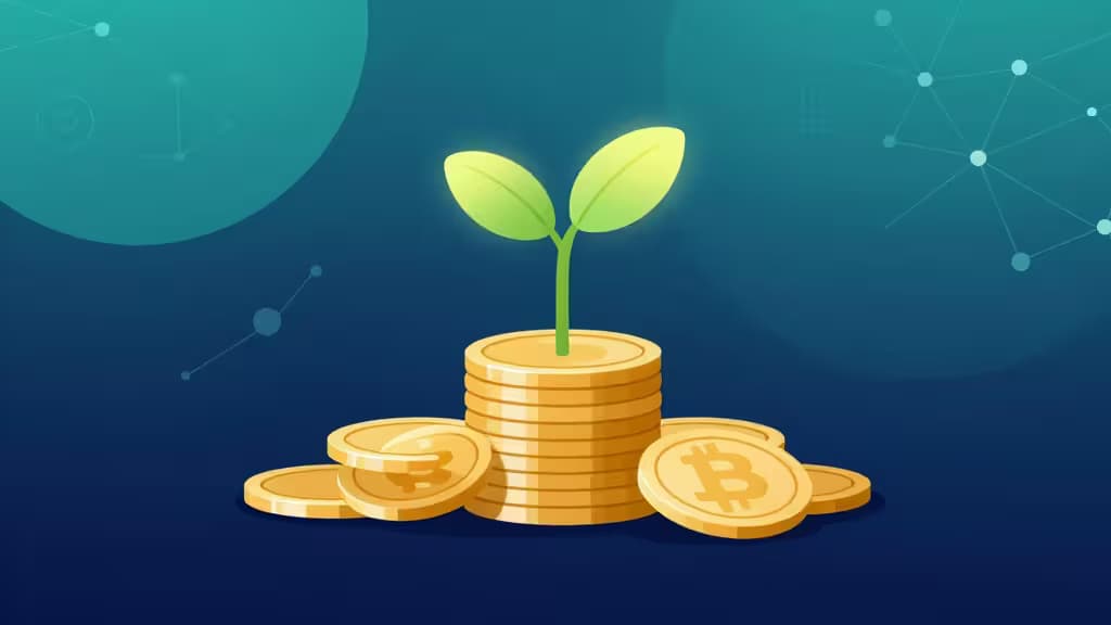 Une pousse verte lumineuse émerge d'une pile de pièces Bitcoin dorées, symbolisant la croissance du staking crypto sur un fond de réseau numérique teal.