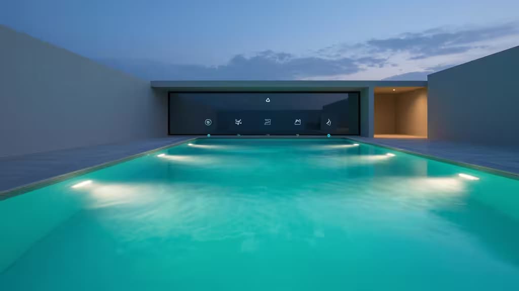 Piscina de turquesa brilhante reflete paredes de concreto minimalista e uma interface de controle digital sob o céu do crepúsculo.