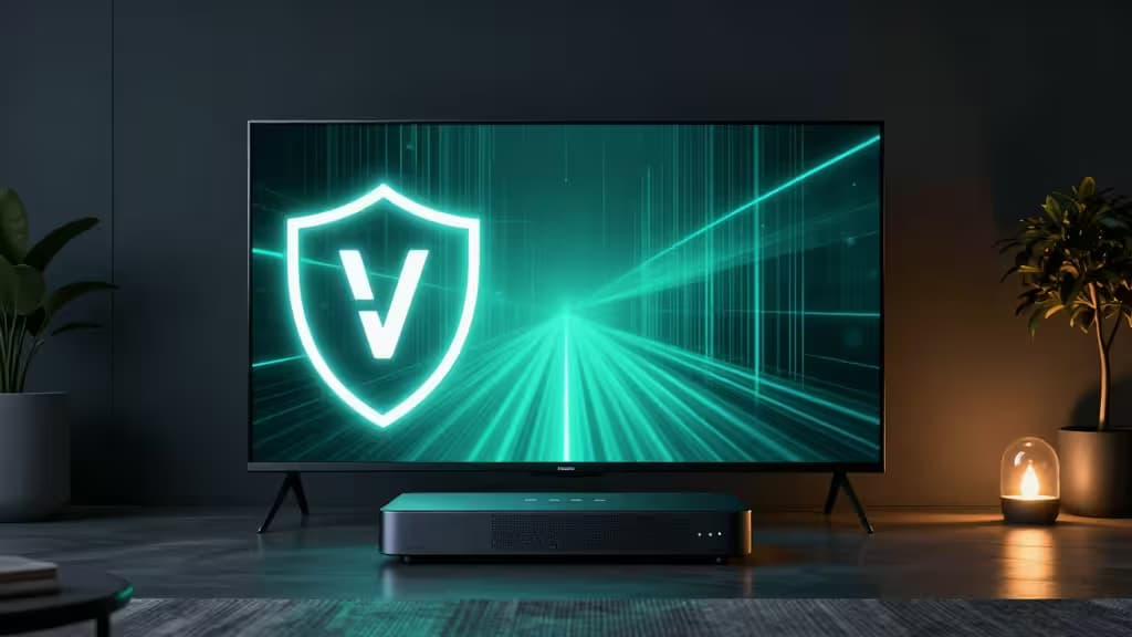 Salon moderne avec appareil de streaming Android TV et bouclier de sécurité VPN en surimpression, palette sombre aux accents teal et ambre
