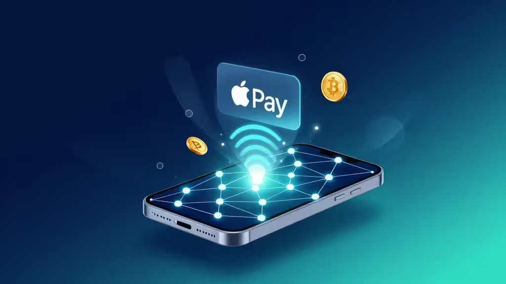 Apple Pay logo hovers above a smartphone displaying a glowing blockchain network, with floating Bitcoin coins against a blue-green gradient background.