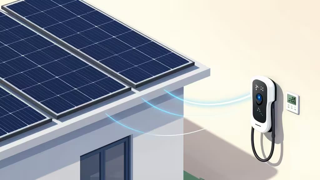 Illustration of a modern smart home with rooftop solar panels, an EV charger, and a thermostat connected by flowing energy lines in warm sunlight