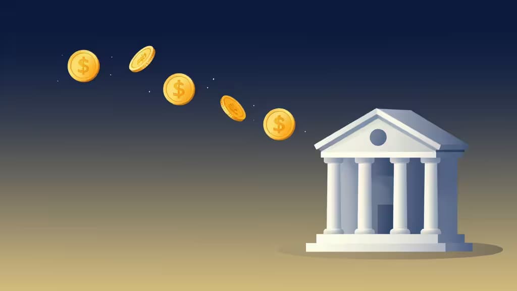 Abstract illustration of cryptocurrency converting to fiat currency near a bank building, in blue and gold tones