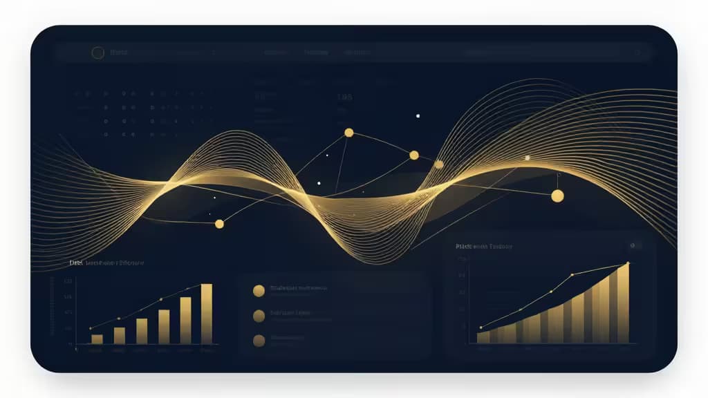Ilustración abstracta de un panel de gestión patrimonial con visualizaciones de datos en tonos dorados y azul marino, representando la planificación financiera familiar.