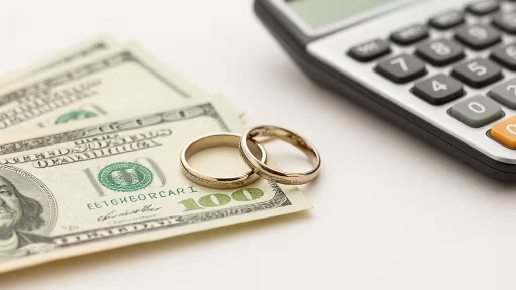 Dos anillos de boda de oro descansan sobre billetes de $100 junto a una calculadora, simbolizando el financiamiento accesible para bodas.