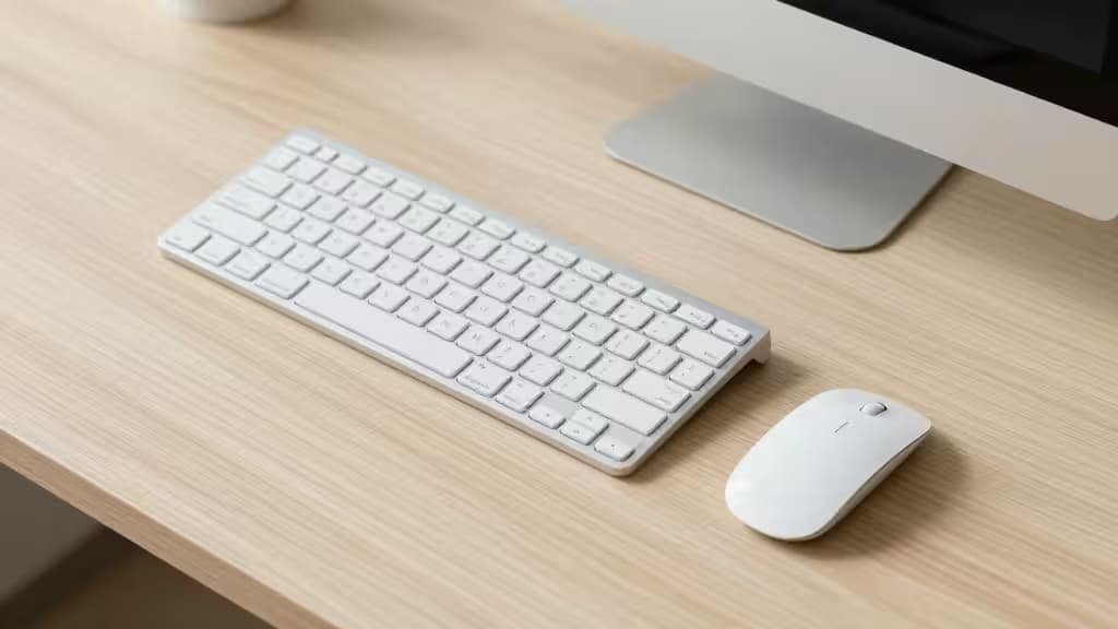 White wireless mouse rests beside keyboard on light wood desk, near monitor base.