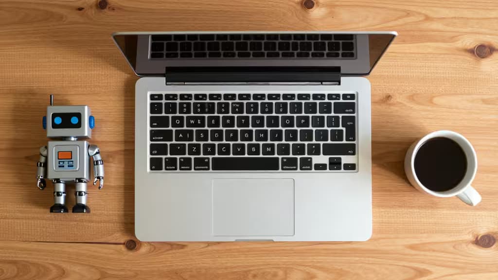 Silver laptop, toy robot, and coffee cup on wooden desk.