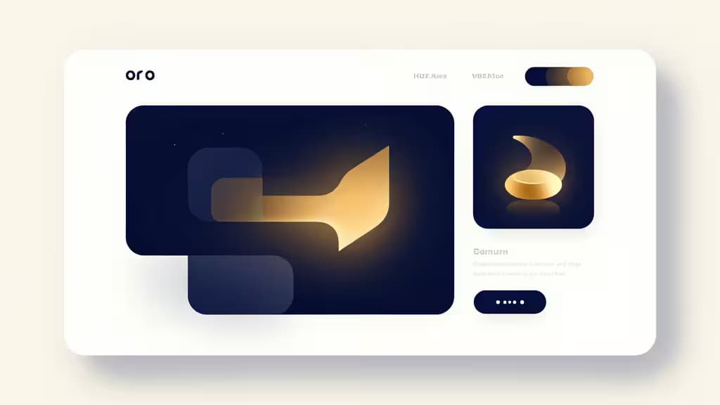 Abstract editorial illustration of landing page wireframe blocks and AI-generated design elements in indigo and amber on an off-white background.