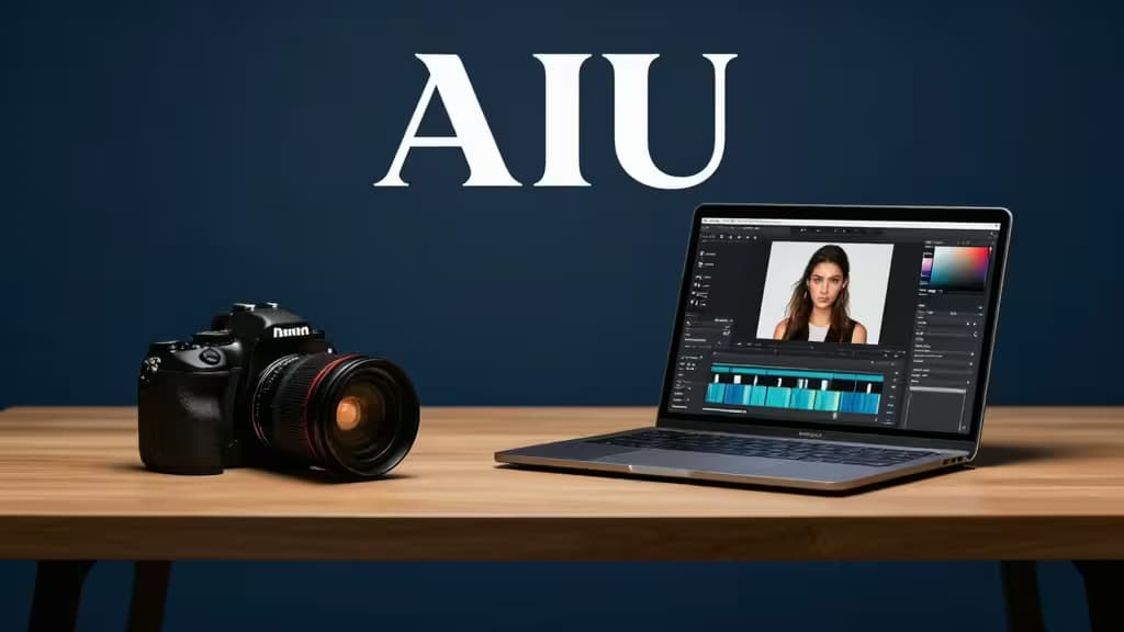 写真家のデスクに置かれたカメラとAI編集インターフェースを表示するノートPCを抽象的に表現したヒーロー画像