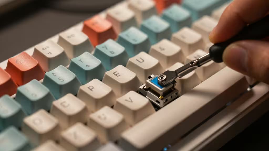 Una mano usa un estrattore in metallo per rimuovere uno switch blu da una tastiera meccanica color pastello.
