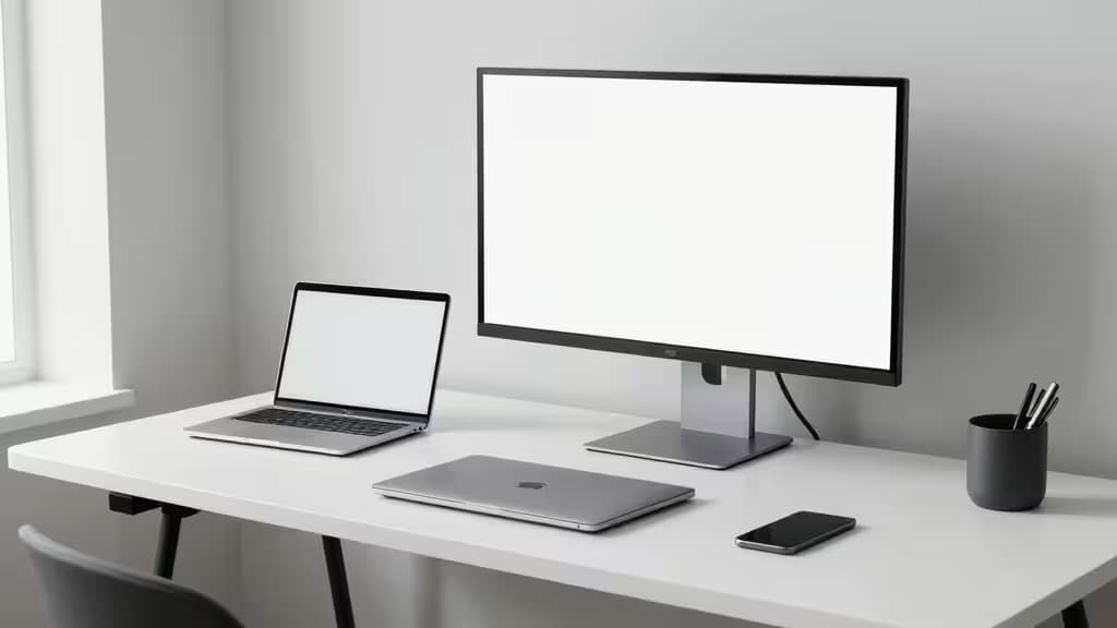 MacBook Proと外部モニターを白いデスクに配置した、スタイリッシュなワークスペースの様子