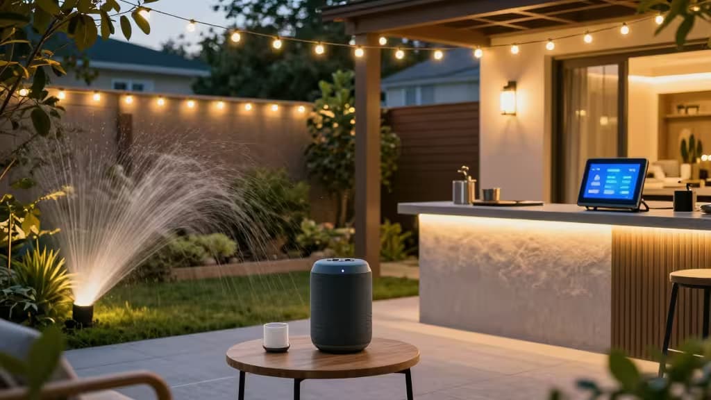 Smart speaker, tablet, and sprinkler illuminate a modern outdoor patio with warm string lights.