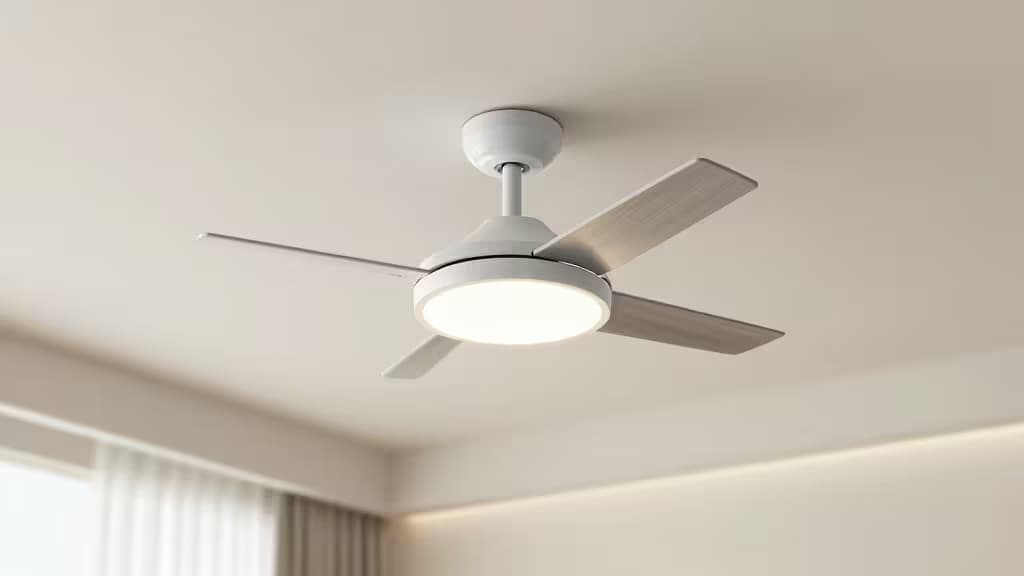 Ventilateur de plafond blanc avec pales en bois et éclairage LED intégré, monté sur un plafond blanc dans un salon moderne.