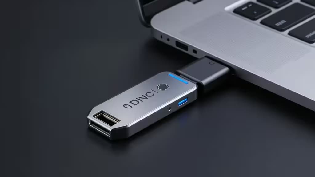 Llave de seguridad hardware conectada a un puerto USB-C de un portátil, con iluminación azul que sugiere cifrado y protección digital.