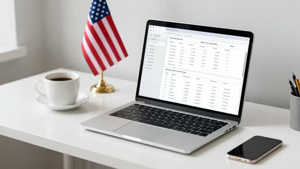 A silver laptop, white coffee cup, and small US flag sit on a clean desk.