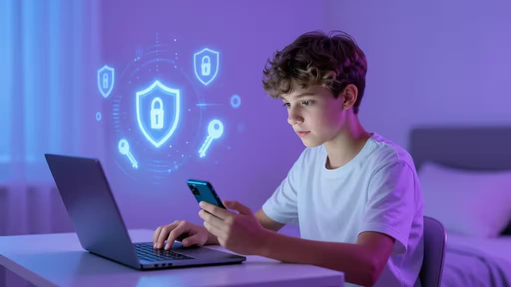 Teen uses laptop and phone in bedroom, surrounded by glowing security icons.