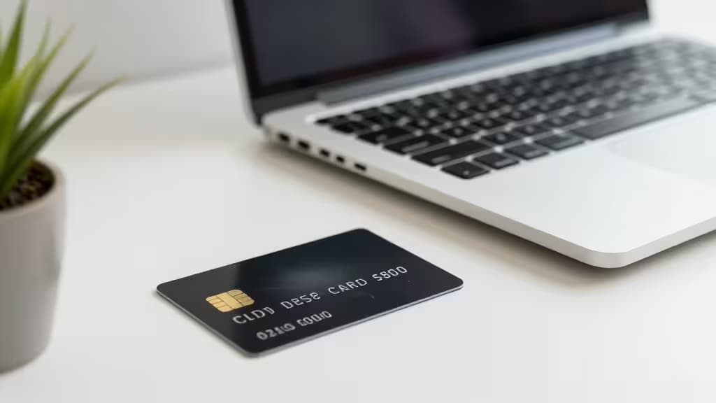 A sleek black business credit card rests beside a laptop and potted plant on a white desk.