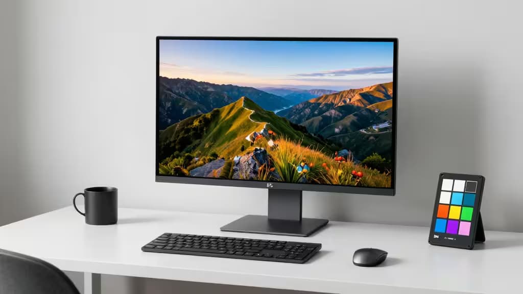Black IPS monitor on white desk displays vibrant mountain landscape, flanked by mug, keyboard, mouse, and color checker.