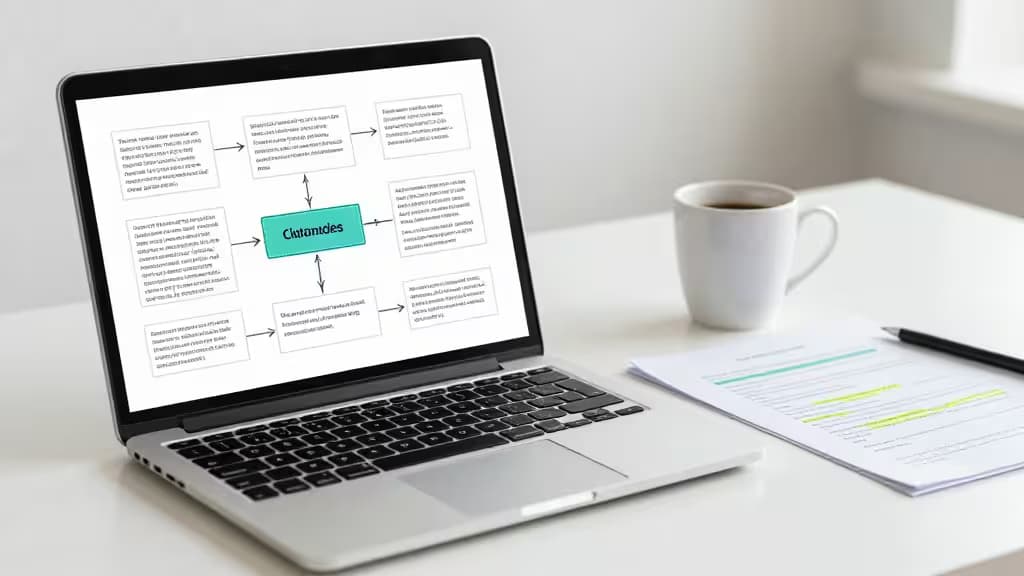 Laptop displays AI-generated literature review flowchart beside coffee cup and highlighted notes.