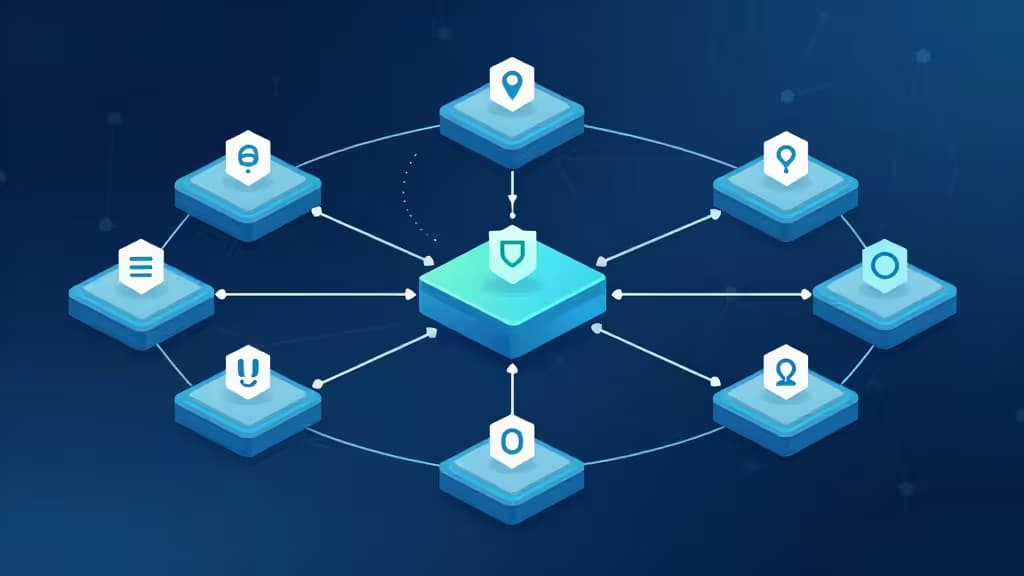 Blocs isométriques bleus avec icônes connectés à un bouclier central, symbolisant le rate limiting sécurisé pour microservices.