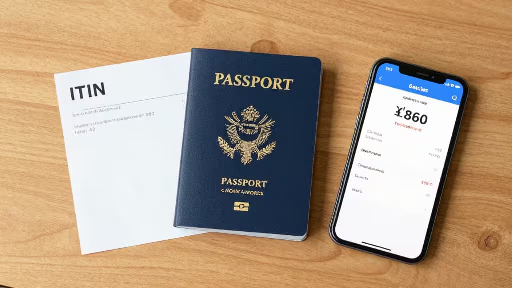 ITIN document, passport, and smartphone displaying savings account balance on wooden surface.