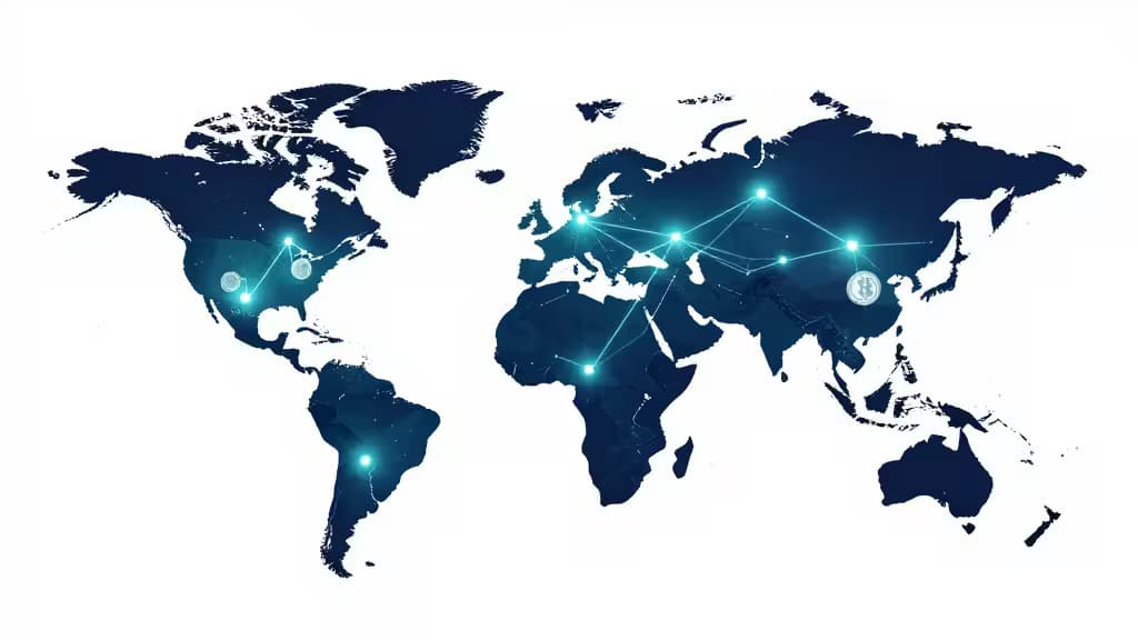 Dark blue world map with glowing cyan nodes and lines, featuring Bitcoin symbols, illustrating global fintech payment networks for international contractor payroll.