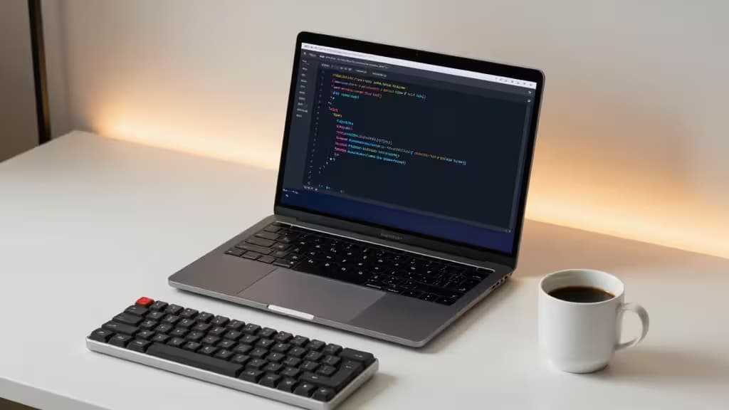 Ein MacBook Pro zeigt Go-Code auf dem Bildschirm, daneben eine kompakte Tastatur und eine Kaffeetasse auf einem minimalistischen Schreibtisch.