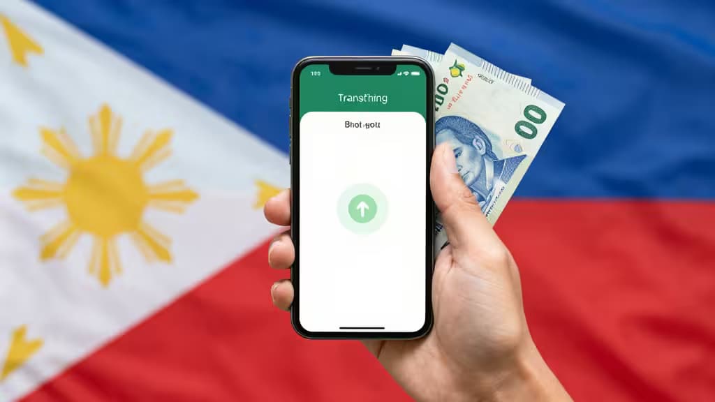 Hand holds smartphone displaying transfer app with Philippine pesos against national flag backdrop.