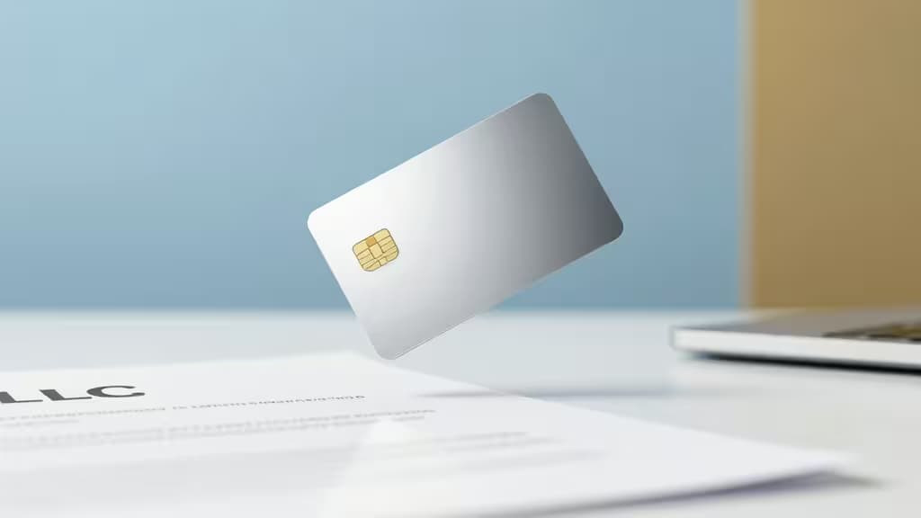 Silver credit card hovers above LLC paperwork, symbolizing business financing options for new entrepreneurs.