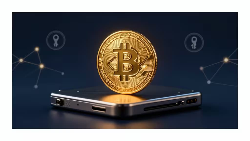 A golden Bitcoin coin resting on a dark metallic hardware wallet, surrounded by blockchain network nodes and cryptographic key symbols on a deep navy background.