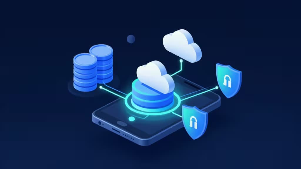 Isometric smartphone connects to cloud databases and security shields via glowing blue circuit lines.