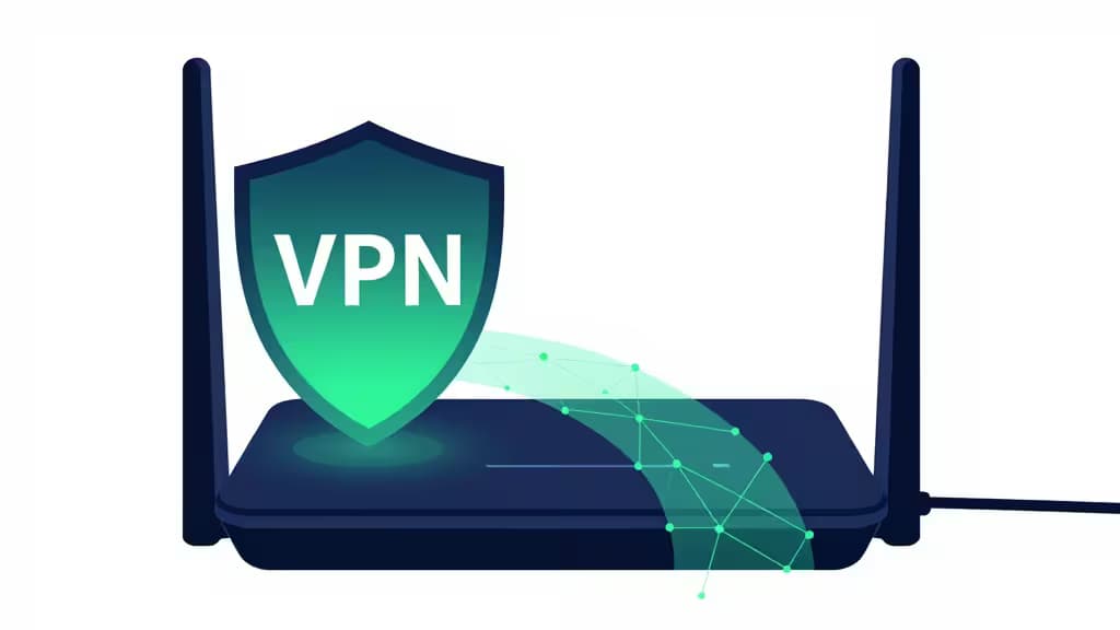 Abstrakte Illustration eines Heimrouters mit VPN-Tunnel-Verschluesselung und Netzwerkknoten in Blau- und Grüntönen