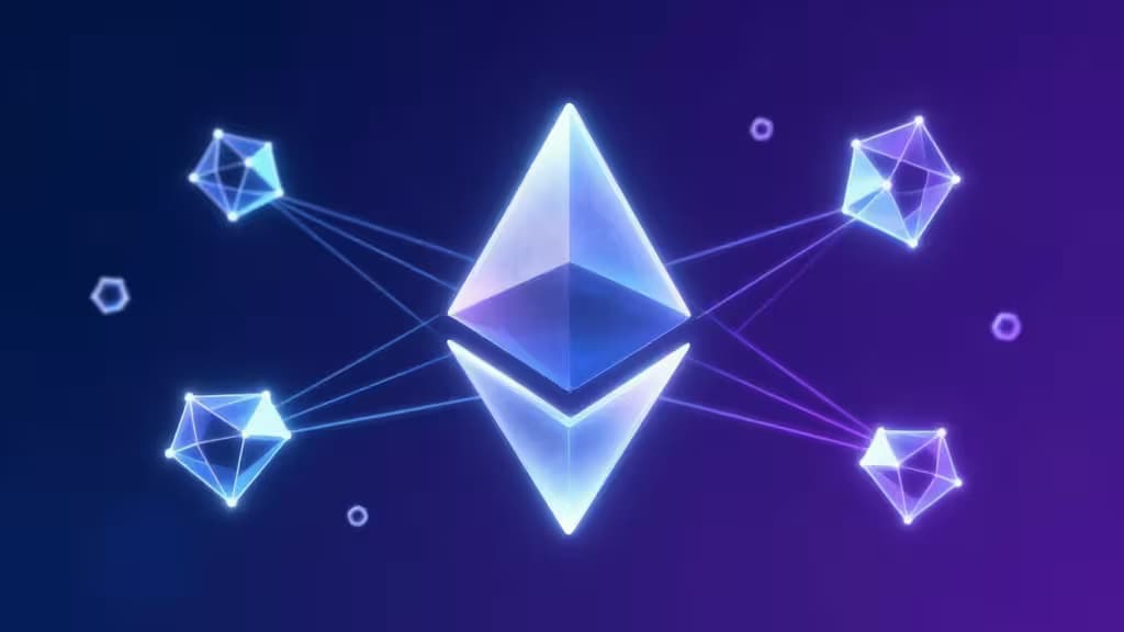 Świecący diament Ethereum połączony świetlistymi liniami z czterema geometrycznymi węzłami na granatowo-fioletowym tle.