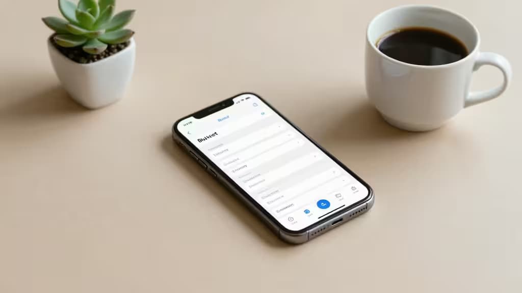 Smartphone displays budgeting app beside coffee cup and succulent on minimalist desk.