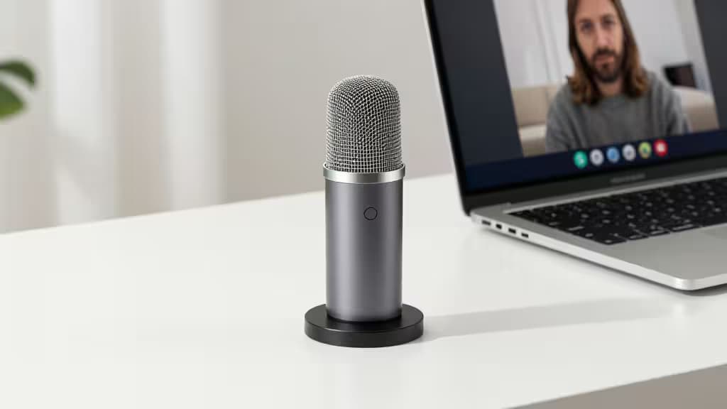 Microfone USB sobre uma mesa minimalista ao lado de um laptop com interface de chamada de vídeo, iluminação natural suave.