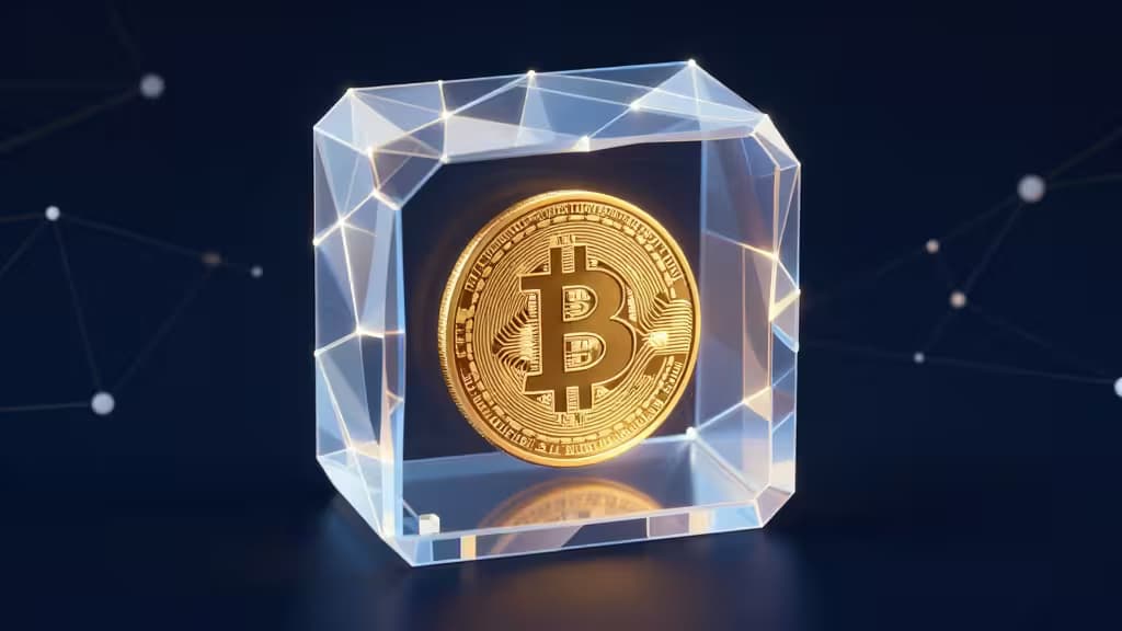 Moneda de Bitcoin dorada encapsulada en un cristal geométrico brillante, simbolizando un protocolo de staking seguro con capas de seguridad blockchain.