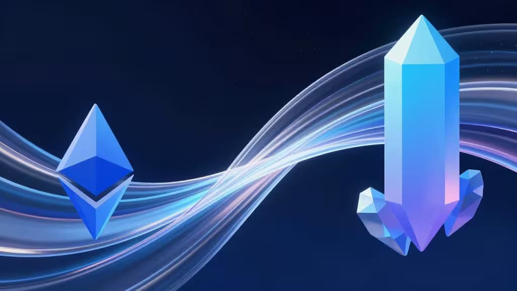 Blue Ethereum diamond and Solana crystal float amid glowing liquid streams on dark blue background.