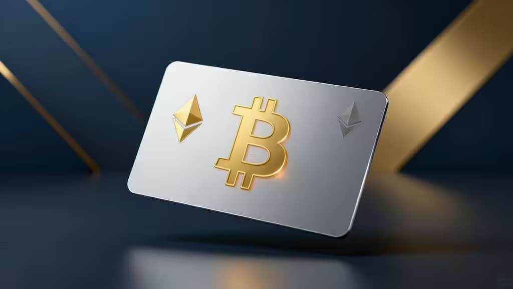 Sleek metallic card displays glowing gold Bitcoin and Ethereum symbols against dark blue background with golden geometric accents.