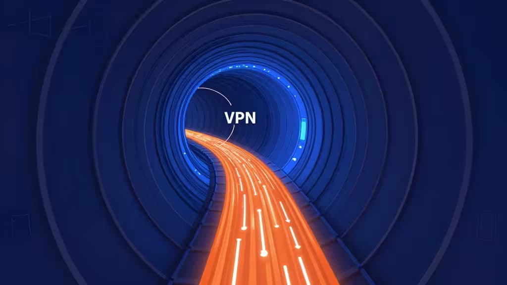 Illustration abstraite d'un tunnel VPN sécurisé reliant l'Inde, avec un flux de données chiffrées en bleu et safran