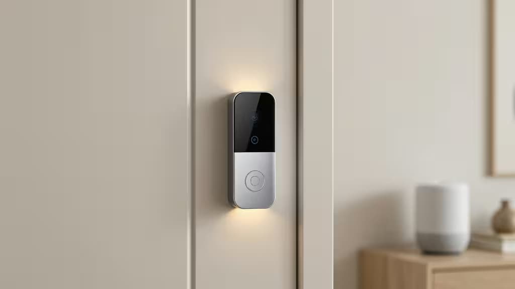 Sleek silver smart doorbell mounted on modern beige door, glowing softly.