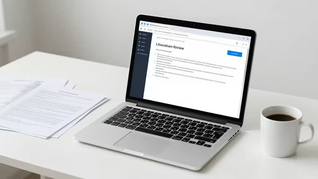 Un espace de travail moderne avec un ordinateur portable affichant une interface de revue de littérature, entouré de papiers académiques et d'une tasse de café, lumière naturelle douce, style scandinave minimaliste.