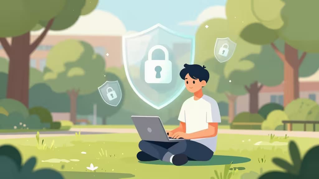 Student uses laptop outdoors, shielded by glowing padlock icons symbolizing secure VPN protection.