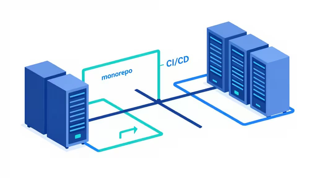 Isometric servers connect via CI/CD pipeline to monorepo, illustrating streamlined development workflows.