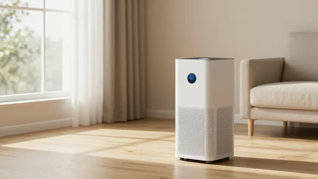 A sleek white smart air purifier with perforated grille and blue LED display stands on light hardwood floor in sunlit living room.
