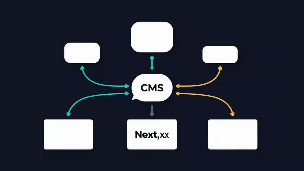 Абстрактная иллюстрация headless CMS архитектуры: геометрические узлы контента, соединённые потоками данных с приложением Next.js, тёмно-синий фон с бирюзовыми и янтарными акцентами