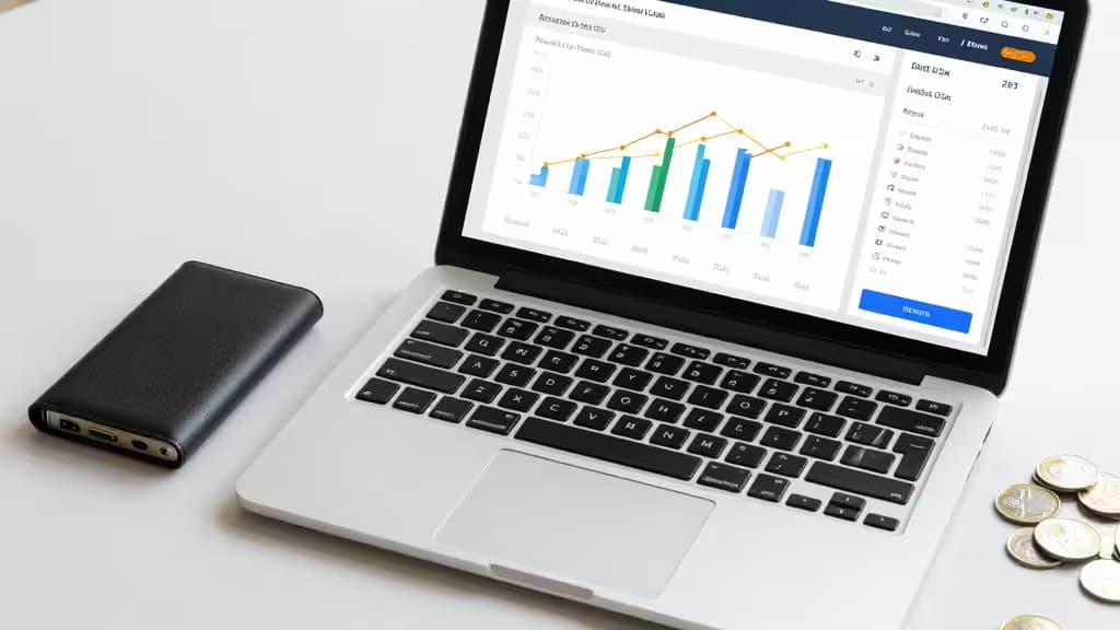 Laptop displays crypto tax dashboard with bar charts, coins, and wallet beside it.
