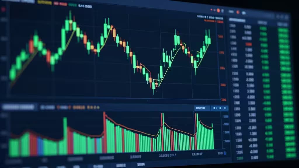 Glowing candlestick charts and green order book data dominate a dark trading screen.