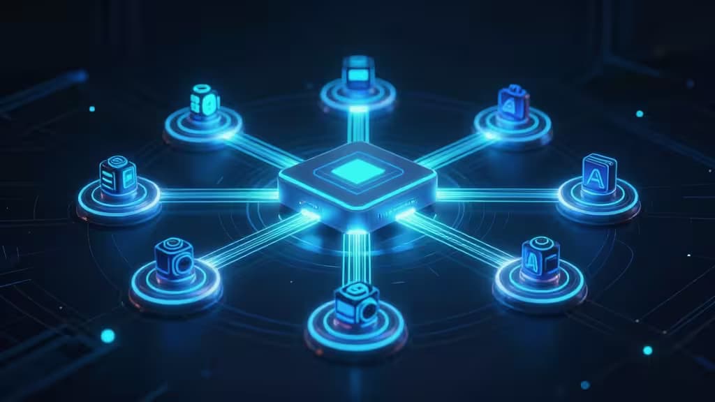 Abstracte illustratie van een glinsterende API-gateway die meerdere AI-modelknooppunten verbindt met datastromen door een centrale router, donkere achtergrond met blauwe en turquoise accenten.