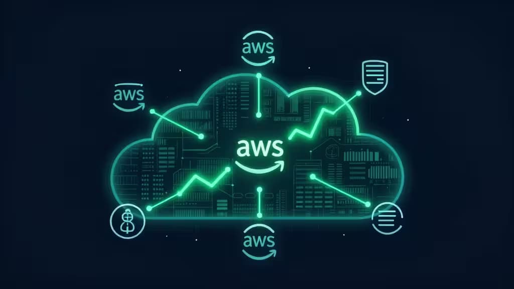A glowing teal AWS cloud with connected icons and upward trends, symbolizing cost optimization tools.