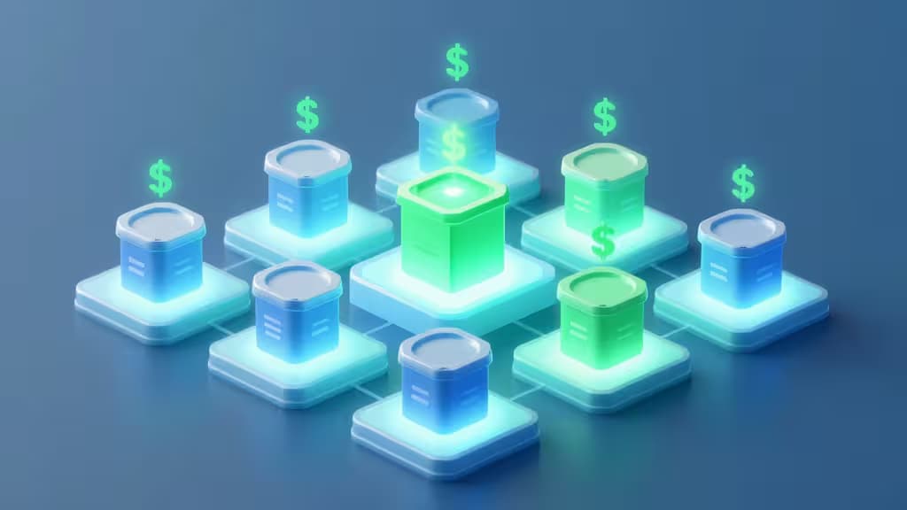 Glowing green and blue Kubernetes pods with dollar signs, symbolizing cost-efficient container orchestration.