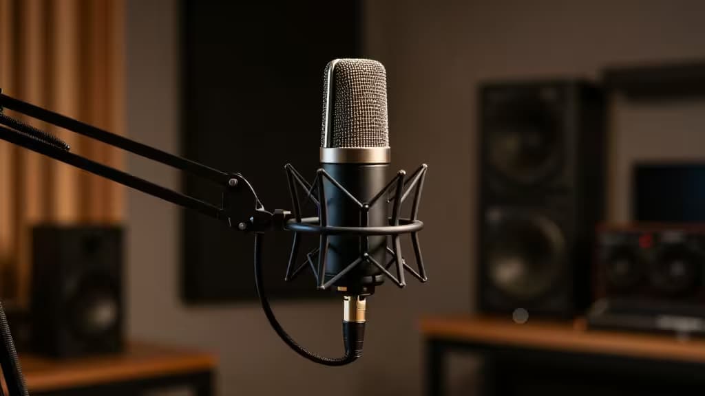 A professional USB microphone mounted on a desk boom arm in a softly lit home studio with warm ambient lighting